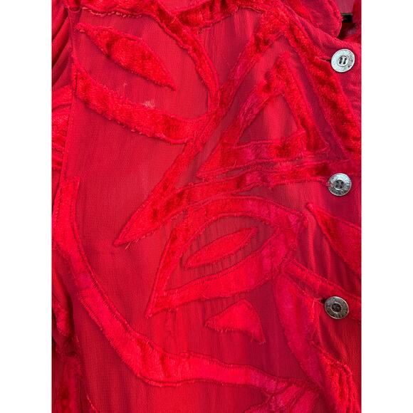 Chico's Velvet Sheer Geometric mandarin collar red blouse top button down size s - Picture 3 of 11